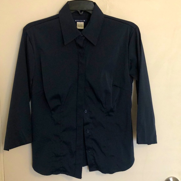 Navy Blue Nylon/Spandex Button Down Collared Top - Picture 1 of 8